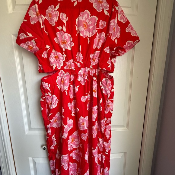 Red Floral Button-Front Midi Dress with Pink Blooms - Picture 5 of 5